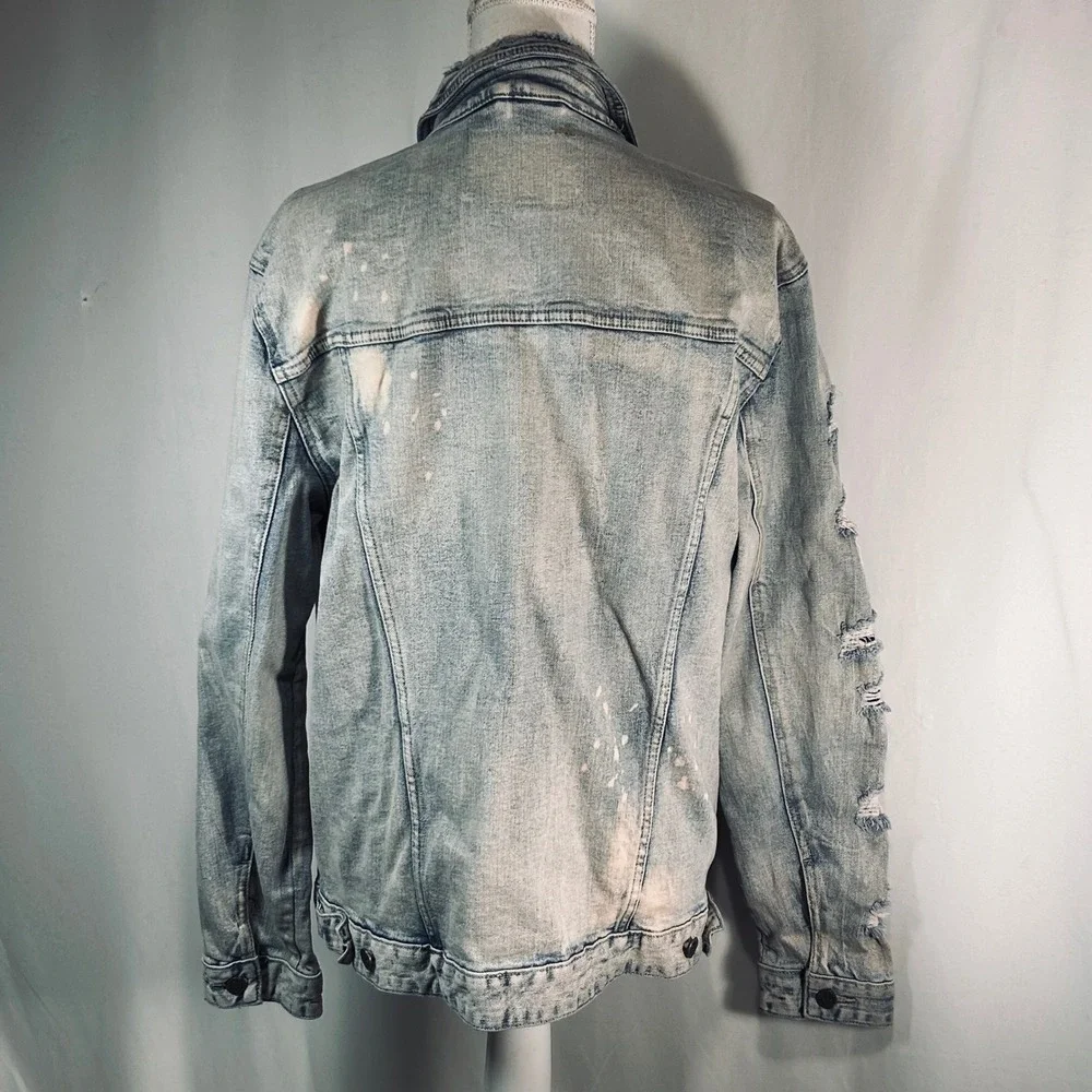 Grindhouse Denim Mens‎ Large Light Wash Distressed Ripped Jean Trucker Jacket
